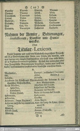 Nahmen der Aemter, Bedienungen, Professionen, Künstler und Handwerkcer. Oder Titular-Lexicon
