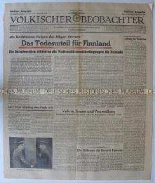 Titelblatt der Tageszeitung "Völkischer Beobachter" zur Kapitulation Finnlands