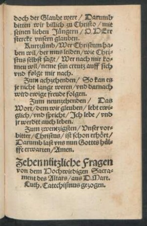 Zehen nützliche Fragen von dem Hochwirdigen Sacrament des Altars/ aus D. Mart. Luth. Catechismus gezogen.