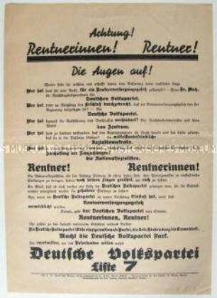 Propagandaflugblatt der Deutschen Volkspartei an die Rentner und Rentnerinnen zur Reichstagswahl am 5. März 1933