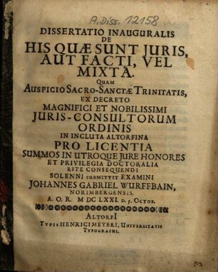 Dissertatio Inauguralis De His Quae Sunt Iuris, Aut Facti, Vel Mixta