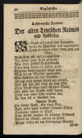 Lehr-reiche Reimen. Der alten Teutschen Reimen und Liebkosen