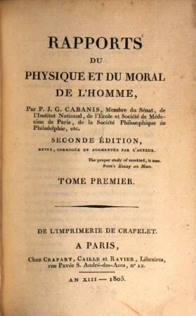 Rapports du physique et du moral de l'homme, 1