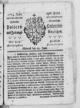25tes Stück., Ausgabe vom 22. Juni 1774