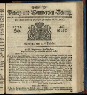 42tes Stueck, Montag den 21ten October 1771