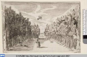 Alter Mann, fliegender Amor und rastender Jüngling in einer Landschaft, Bühnenbild