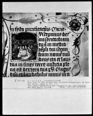 Fünfbändiges Missale von Berthold Furtmeyr — Zweiter Band — Initiale S (uscepimus), darin wird das Christkind von drei Engeln angebetet, Folio 4recto