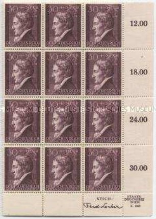 Unvollständiger Bogen mit 12 Briefmarken zu 1 Zloty aus dem Generalgouvernement mit einem Porträt von Johann Christian Schuch