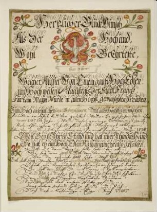 Urkunde zur Ernennung zum jungen Bäckergeschworenen für Johann Ludwig Willemer