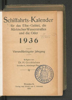 54.1936: Schiffahrts-Kalender für das Elbe-Gebiet und die Märkischen Wasserstrassen