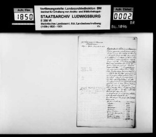 Manuskript [des Trigonometers Diezel in der Kanzlei des STB] zum Feldbau im allgemeinen, Geldwert von Grundeigentum und zur Verteilung der Kulturarten im Oberamt