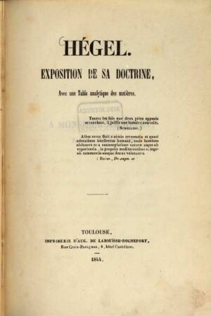 Hégel : exposition de sa doctrine : avec une table analytique des matières
