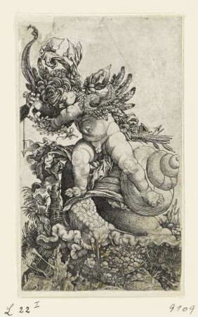 Amor, auf einer Schnecke reitend
