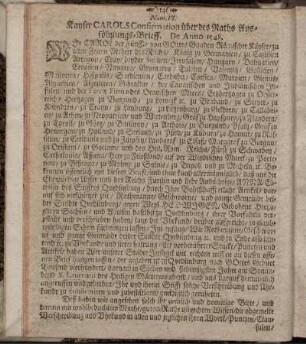 Num VI. Kayser Carols Confirmation über des Raths Aussöhnungs-Brieff. De Anno 1548.