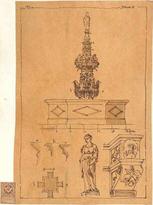 Voigt, H. M.; Bauaufnahmen - Turm in Trier (Grundriss, Ansicht, Details, Schnitte)