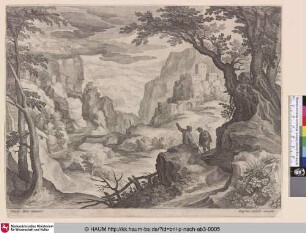 [Landschaft mit zwei rastenden Wanderern über in einem Tal; Landscape with Tweo Figures at a Rock]