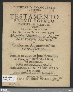 Disputatio Inauguralis Iuridica De Testamento Privilegiato Parentum Scripto
