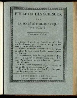 Bulletin Des Sciences, Par La Société Philomatique De Paris. Livraison d' Août.