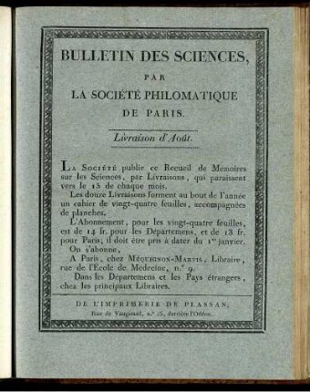 Bulletin Des Sciences, Par La Société Philomatique De Paris. Livraison d' Août.