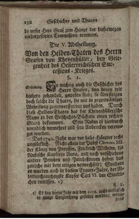 Die V. Abtheilung. Von den Helden-Thaten des Herrn Grafen von Khevenhüller, bey Gelegenheit des Oesterreichischen Succeßions-Krieges.