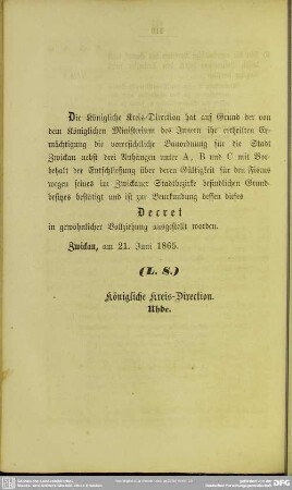 Bestätigungsdecret der Königlichen Kreisdirection vom 21. Juni 1865