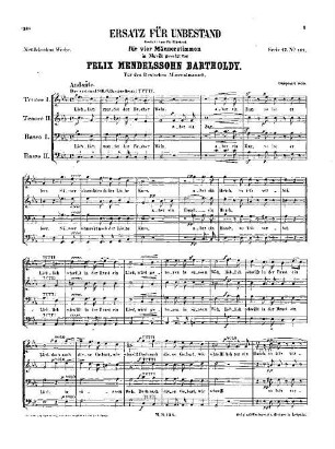 Felix Mendelssohn-Bartholdys Werke, 17,134. Nr. 134, Ersatz für Unbestand : Gedicht von Fr. Rückert. - 3 S. - Pl.-Nr. M.B.134