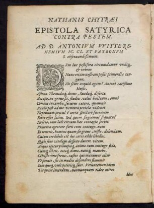 Nathanis Chytraei Epistola Satyrica Contra Pestem.