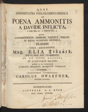 Dissertatio Philologico-Critica De Poena Ammonitis A Davide Inflicta, 2. Sam. XII, 31. 1 Chron. XX, 3.