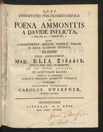 Dissertatio Philologico-Critica De Poena Ammonitis A Davide Inflicta, 2. Sam. XII, 31. 1 Chron. XX, 3.