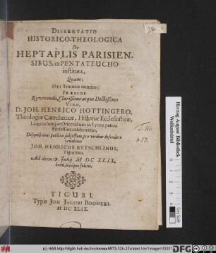 Dissertatio Historico-Theologica De Heptaplis Parisiensibus, ex Pentateucho instituta