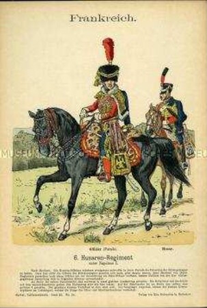 Uniformdarstellung, Offizier in Parade-Uniform und Gemeiner des 6. Husaren-Regiments, Erstes Kaiserreich Frankreich, 1806/1812.