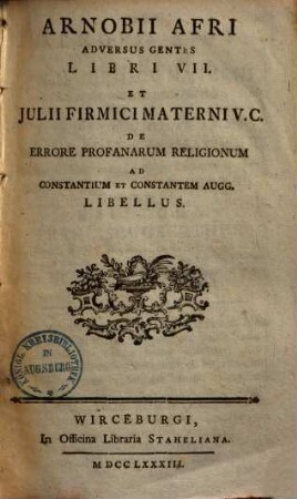 Arnobii Afri Adversus Gentes Libri VII