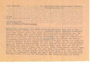 Korrespondenz von Hans Fallada an Otto Hartmann
