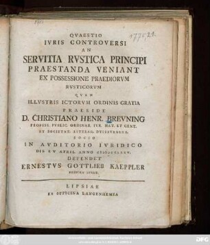 Qvaestio Ivris Controversi An Servitia Rvstica Principi Praestanda Veniant Ex Possessione Praediorvm Rvsticorvm