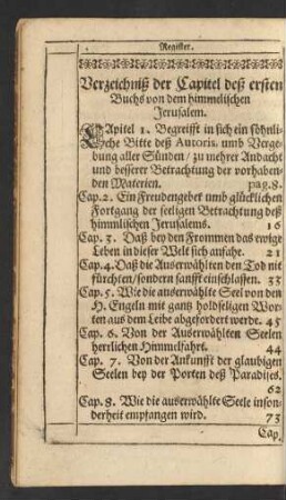 Verzeichniß der Capitel deß ersten Buchs von dem himmelischen Jerusalem.