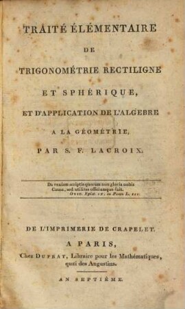 Traité élémentaire de trigonometrie rectiligne et sphérique