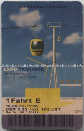 Fahrkarte für die Expo-Kabinenschwebebahn Skyliner