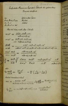 Einfachster Beweis von Legendre´s Lehrsatz die sphärischen Dreiecke betreffend. (Werke VIII:451)
