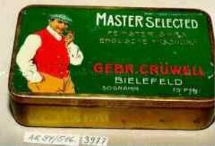 Blechdose für Tabak "MASTER 50 FEINSTER SHAG ENGLISCHE MISCHUNG GEBR. CRÜWELL BIELEFELD 50 GRAMM 50 Pfg."