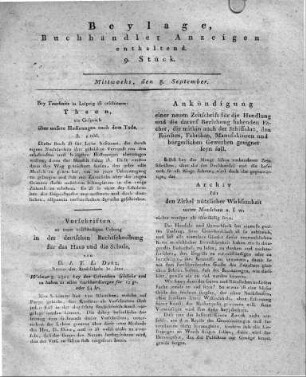 1802-09-08 : Beylage, Buchhändler Anzeigen enthaltend. 9. Stück.