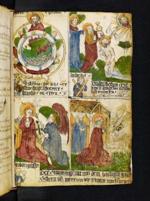ganzseitige Illustration, viergeteilt, mit biblischen Szenen