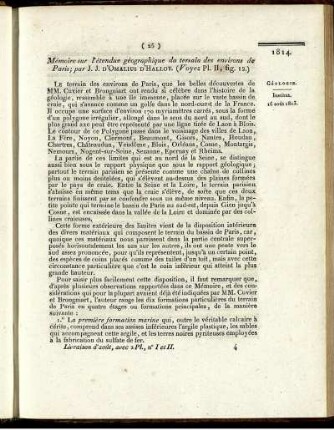 Mémoire sur l'étendue géographique du terrain des environs de Paris