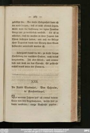 XXII. An Rabbi Mardochai, Ben Ephraim, in Konstantinopel.