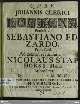 Johannis Clerici Logicam : D. [] A. M.DC.IC.