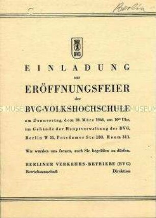 Einladung zur Eröffnungsfeier der BVG-Volkshochschule