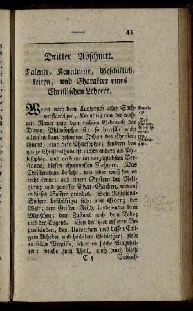 Dritter Abschnitt. Talente, Kenntnisse, Geschiklichkeiten, und Charakter eines Christlichen Lehrers.