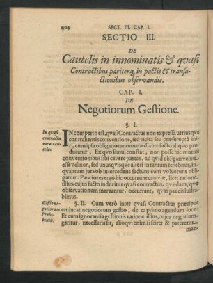 Sectio III. De Cautelis in innominatis & quasi Contractibus, pariterque in pactis & transactionibus observandis.