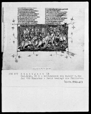 Weltchronik des Rudolf von Ems — David besiegt die Philister, Folio 150recto