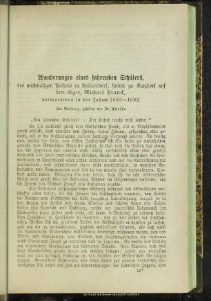 Wanderungen eines fahrenden Schülers, des nachmaligen Pastors zu Reibersdorf, später zu Berzdorf auf dem Eigen, Michael Franck, unternommen in den Jahren 1586 - 1592