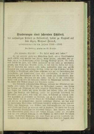 Wanderungen eines fahrenden Schülers, des nachmaligen Pastors zu Reibersdorf, später zu Berzdorf auf dem Eigen, Michael Franck, unternommen in den Jahren 1586 - 1592